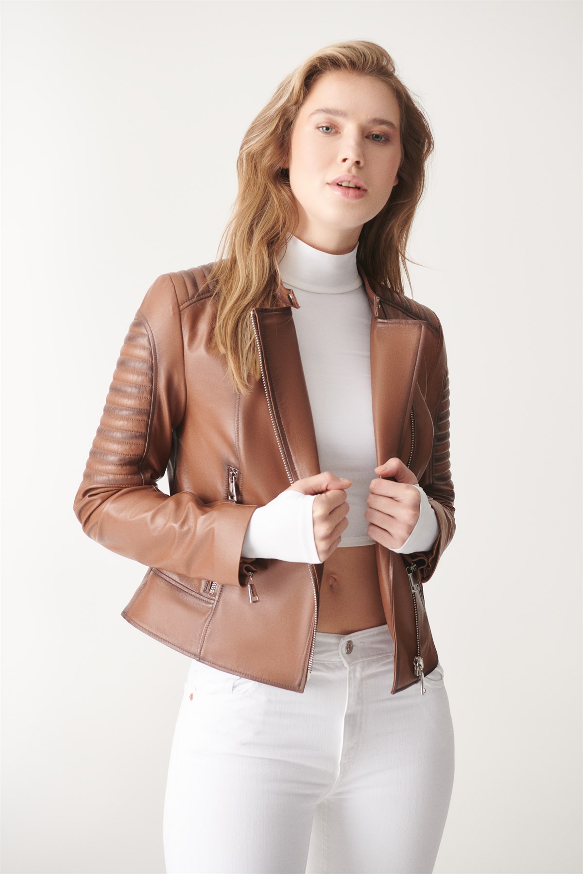 RENATA Brown Blackout Biker Leather Jacket | Women's Leather Jacket Models