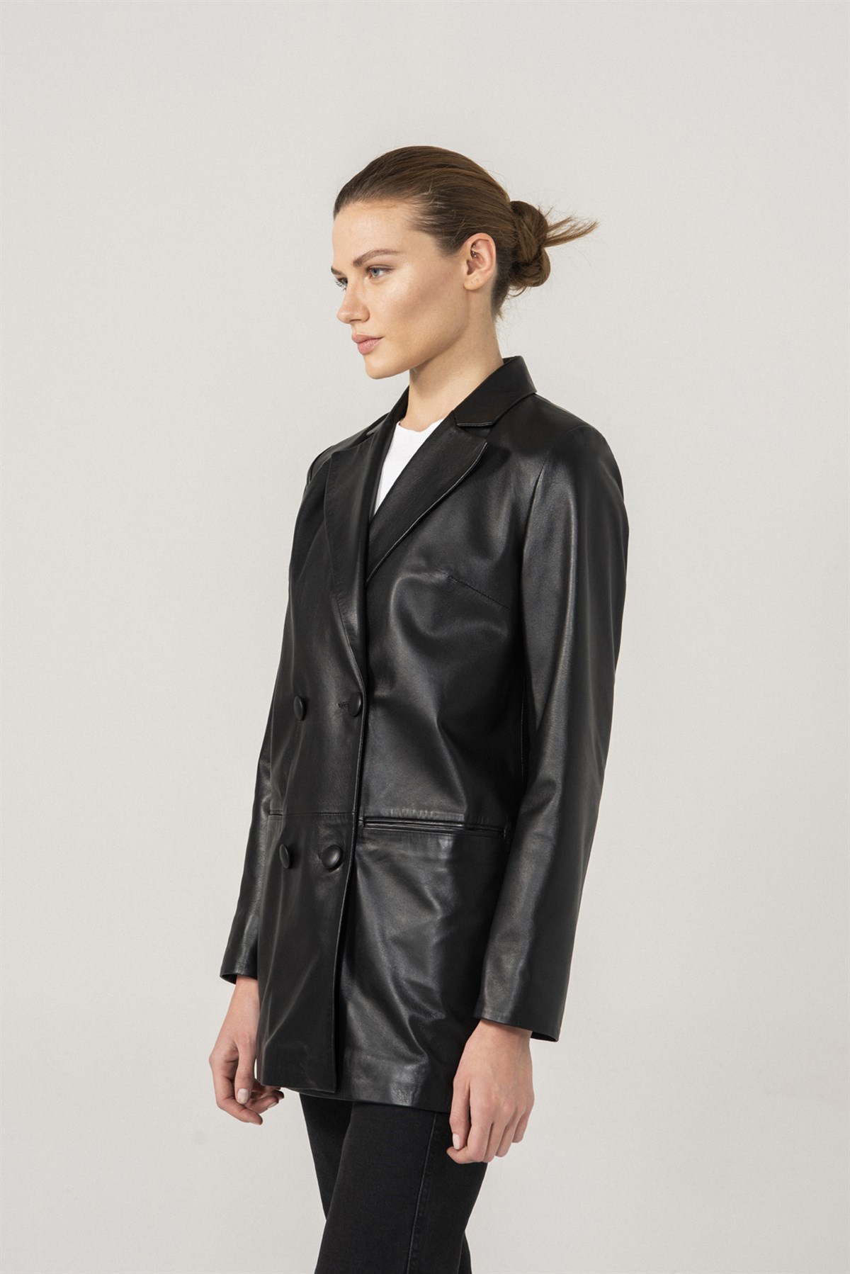 ZOE Siyah Deri Kruvaze Blazer Ceket Kadın Deri Ceket Modelleri