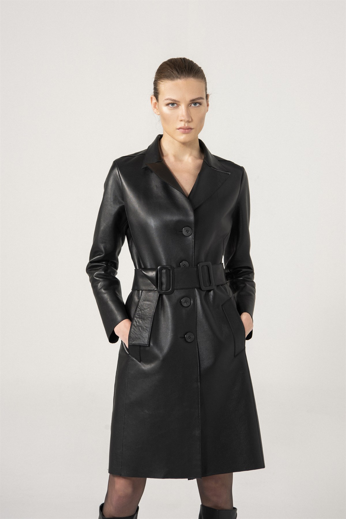 HILARY Women Black Laminated Leather Coat | Women's Leather & Shearling Coat