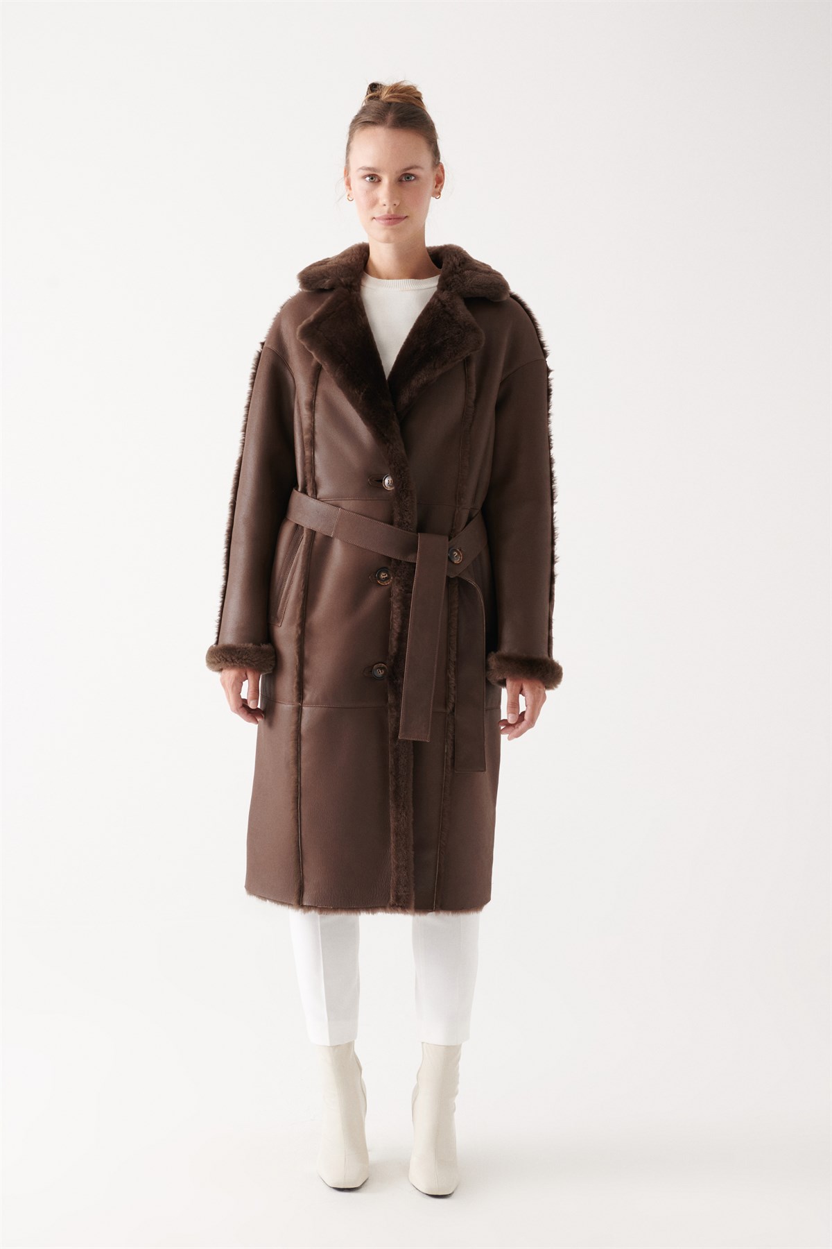 AISHA Women Brown Shearling Coat | Women Leather and Shearling Jacket ...