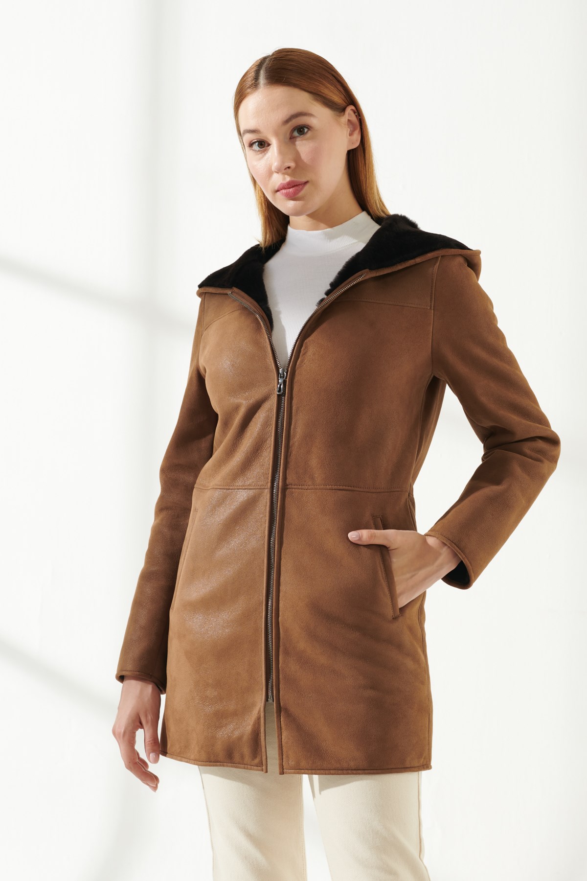 ELLA Women Casual Brown Shearling Coat | Women's Leather & Shearling Coat
