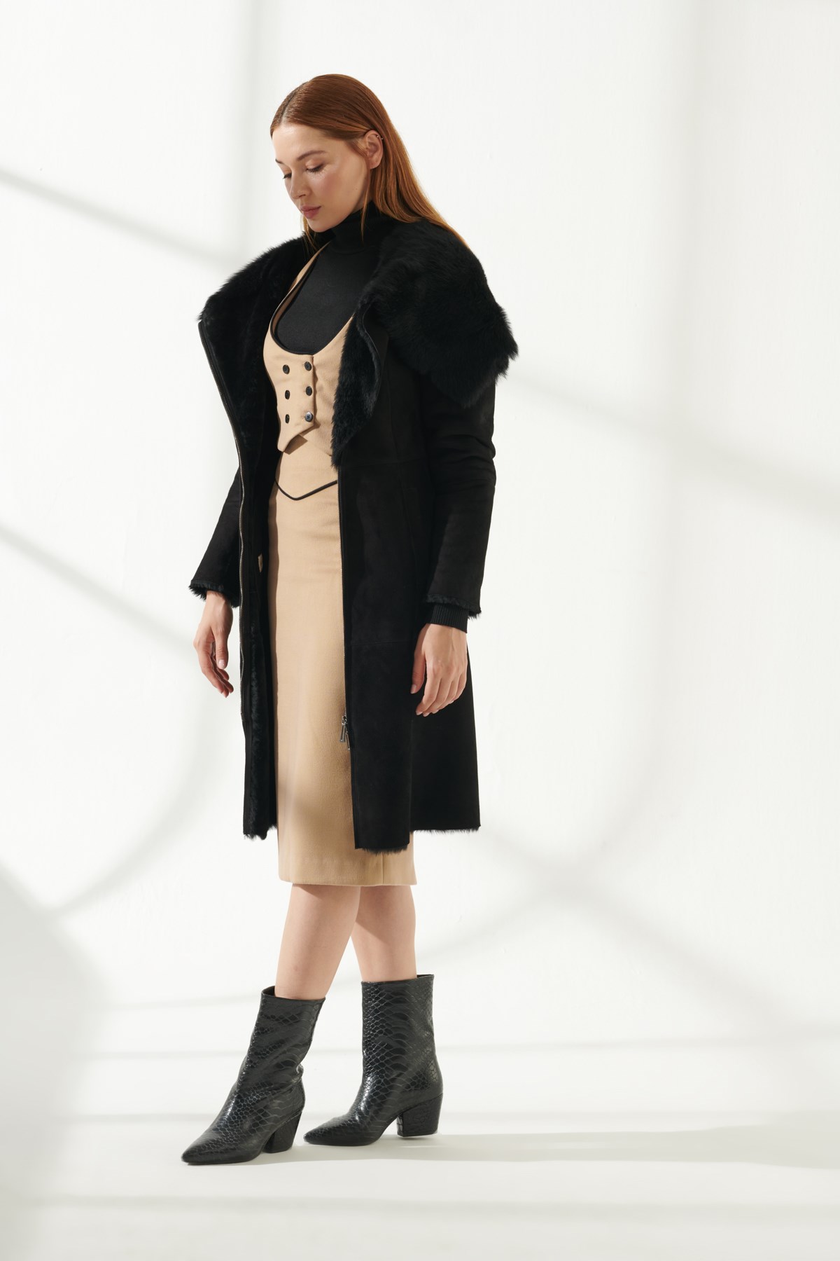 LORAN Women Casual Black Shearling Coat | Women's Leather & Shearling Coat