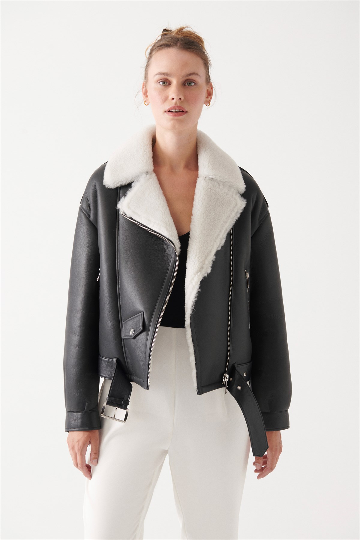 DONNA Women Black Shearling Jacket | Women Leather and Shearling Jacket &  Coat