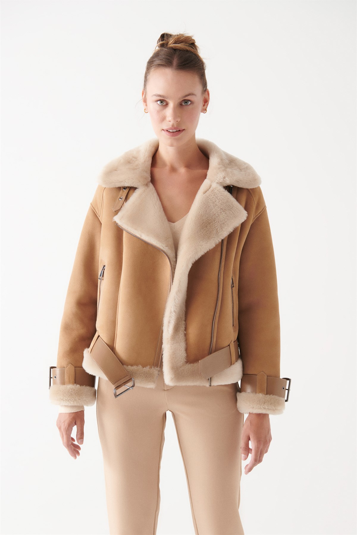 ESTER Kadın Gold Kürklü Deri Ceket | Kadın Kürklü Deri Kaban Modelleri
