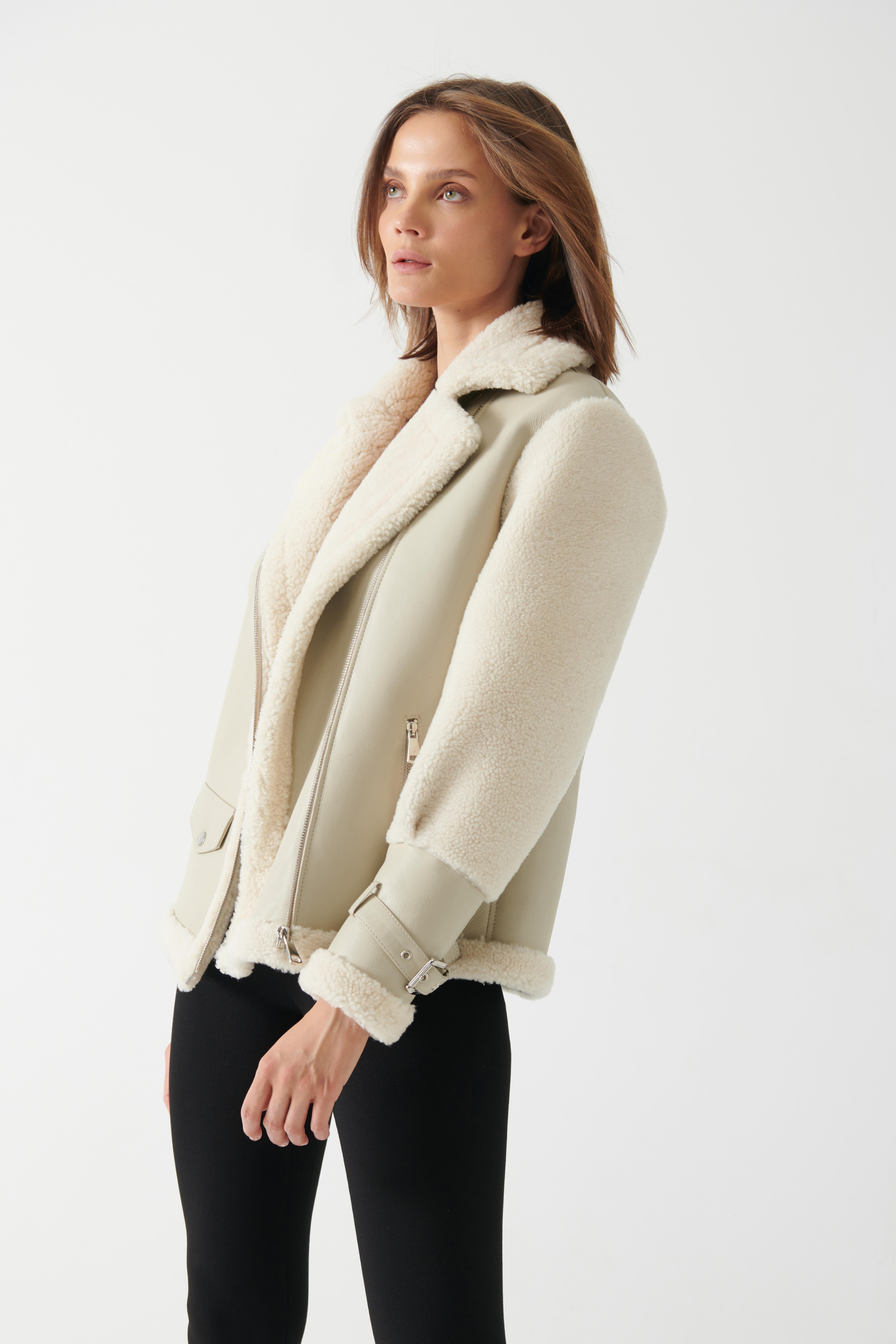 MILA Women's Beige Shearling Jacket Women's Shearling Coat Models