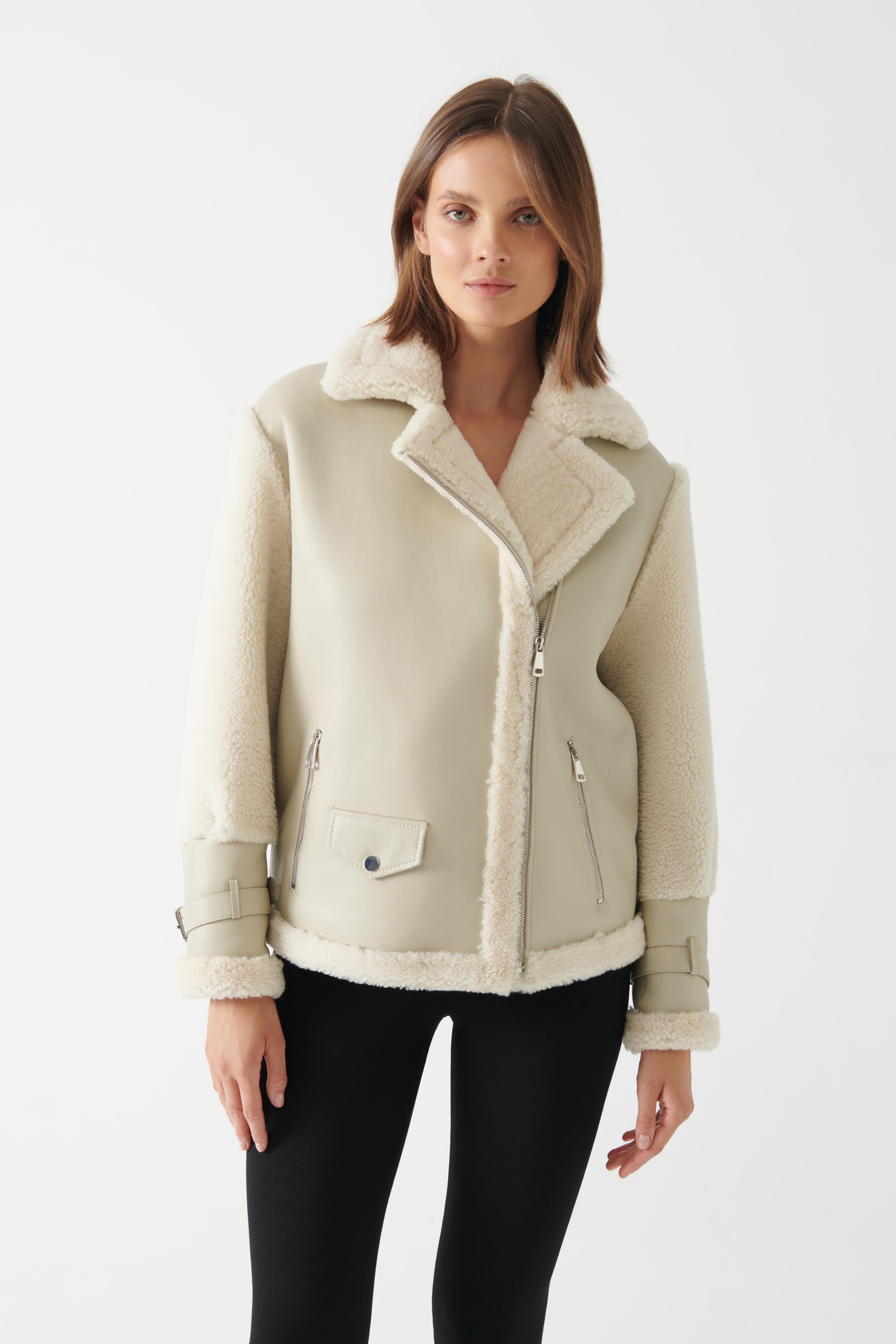 MILA Women's Beige Shearling Jacket Women's Shearling Coat Models