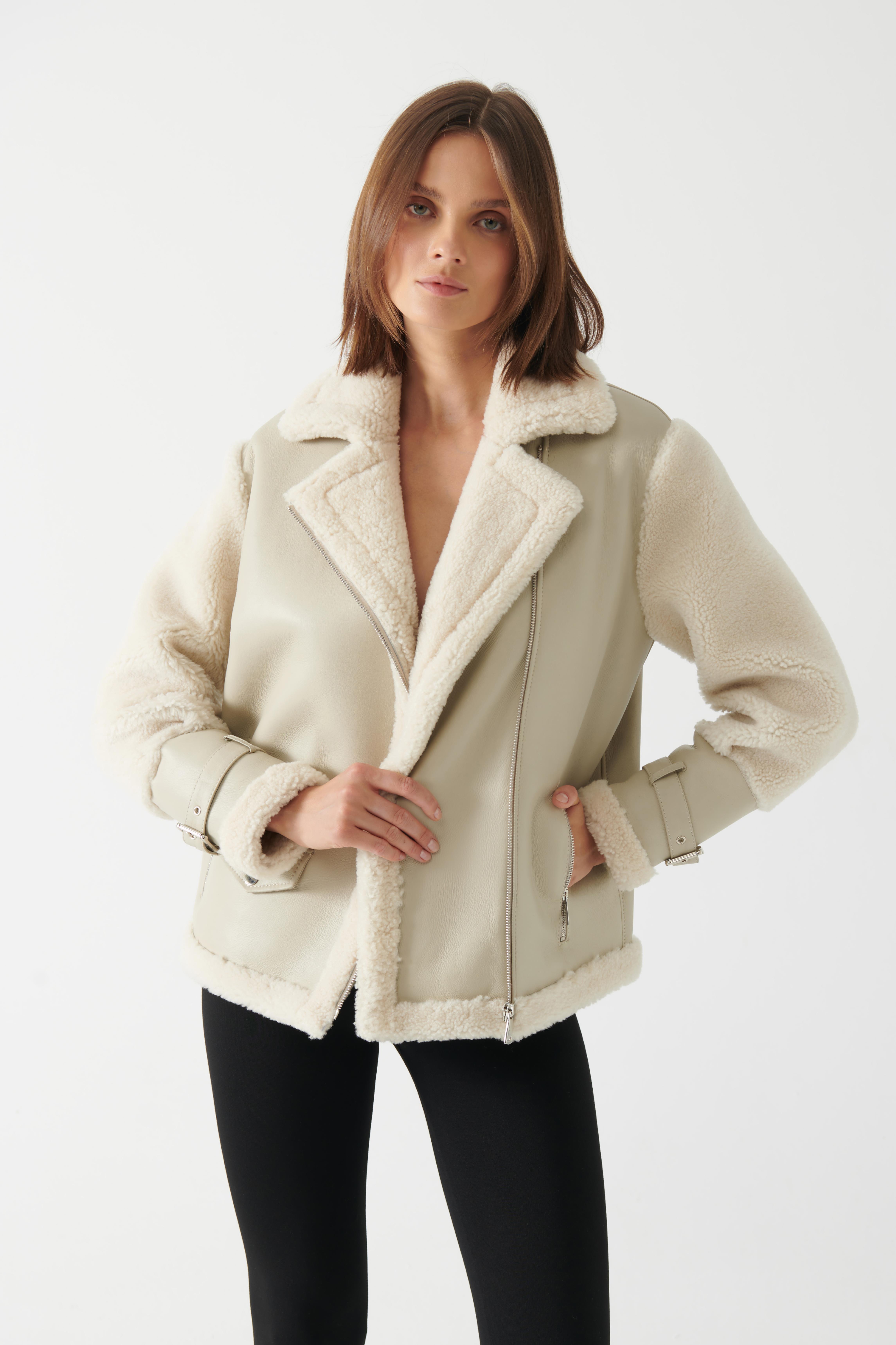 MILA Women's Beige Shearling Jacket Women's Shearling Coat Models