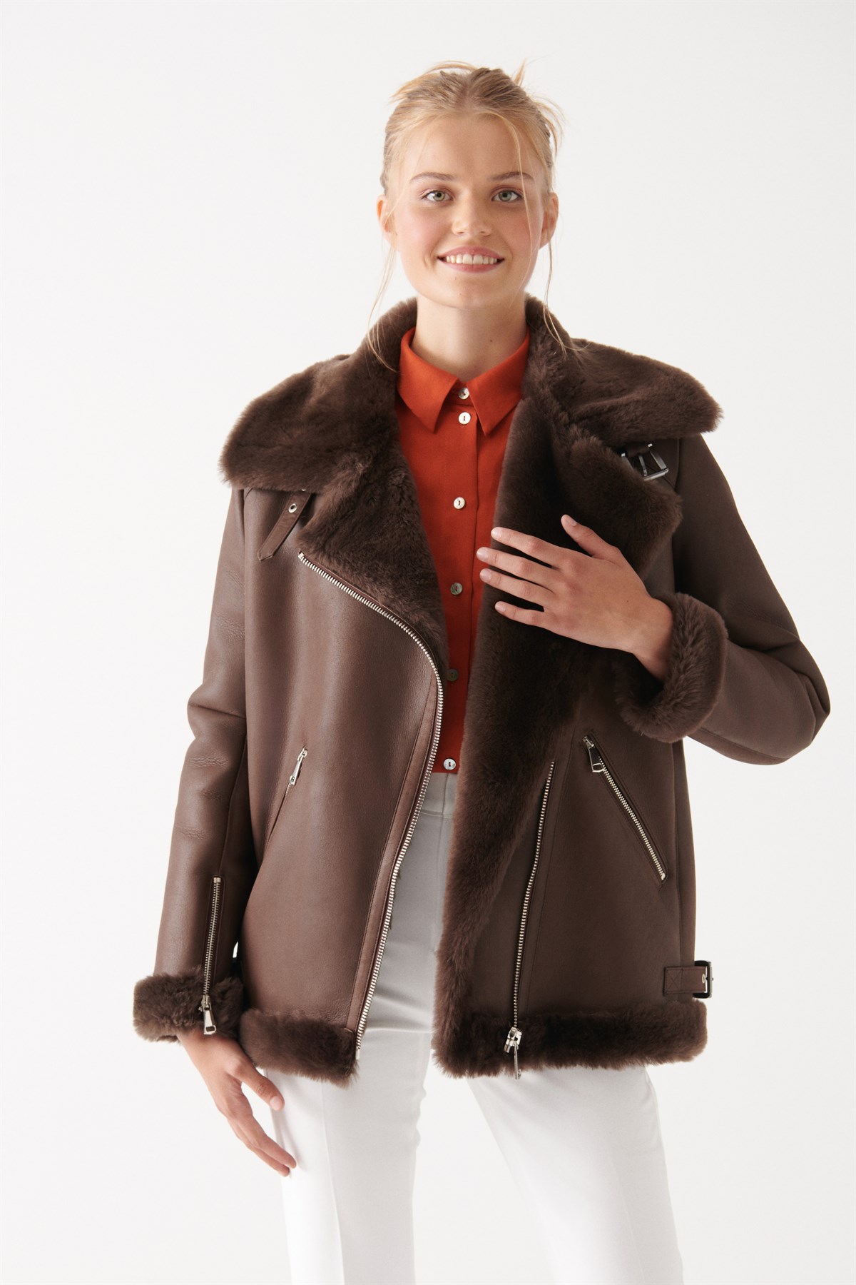 NYLA Women Brown Shearling Jacket | Women Leather and Shearling Jacket &  Coat