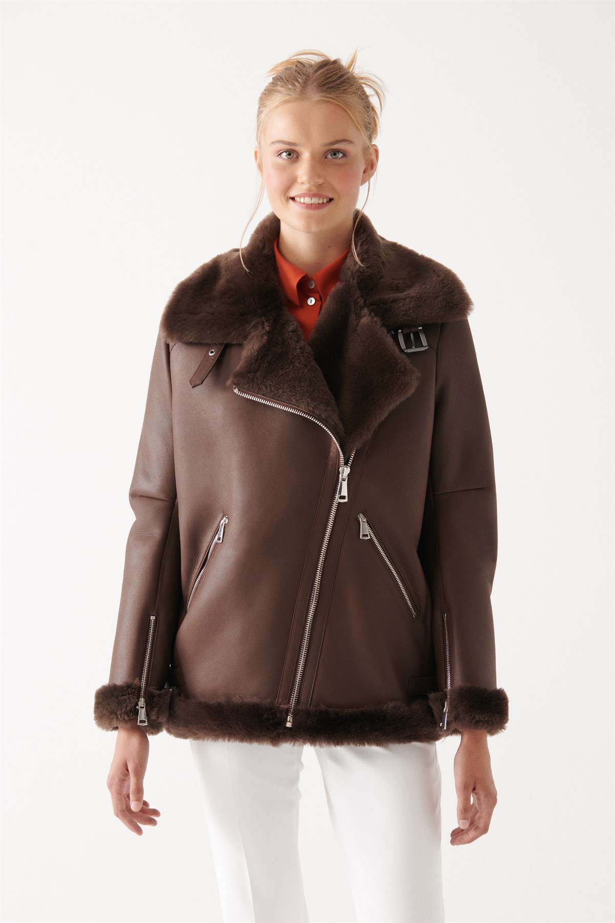 NYLA Women Brown Shearling Jacket | Women Leather and Shearling Jacket ...
