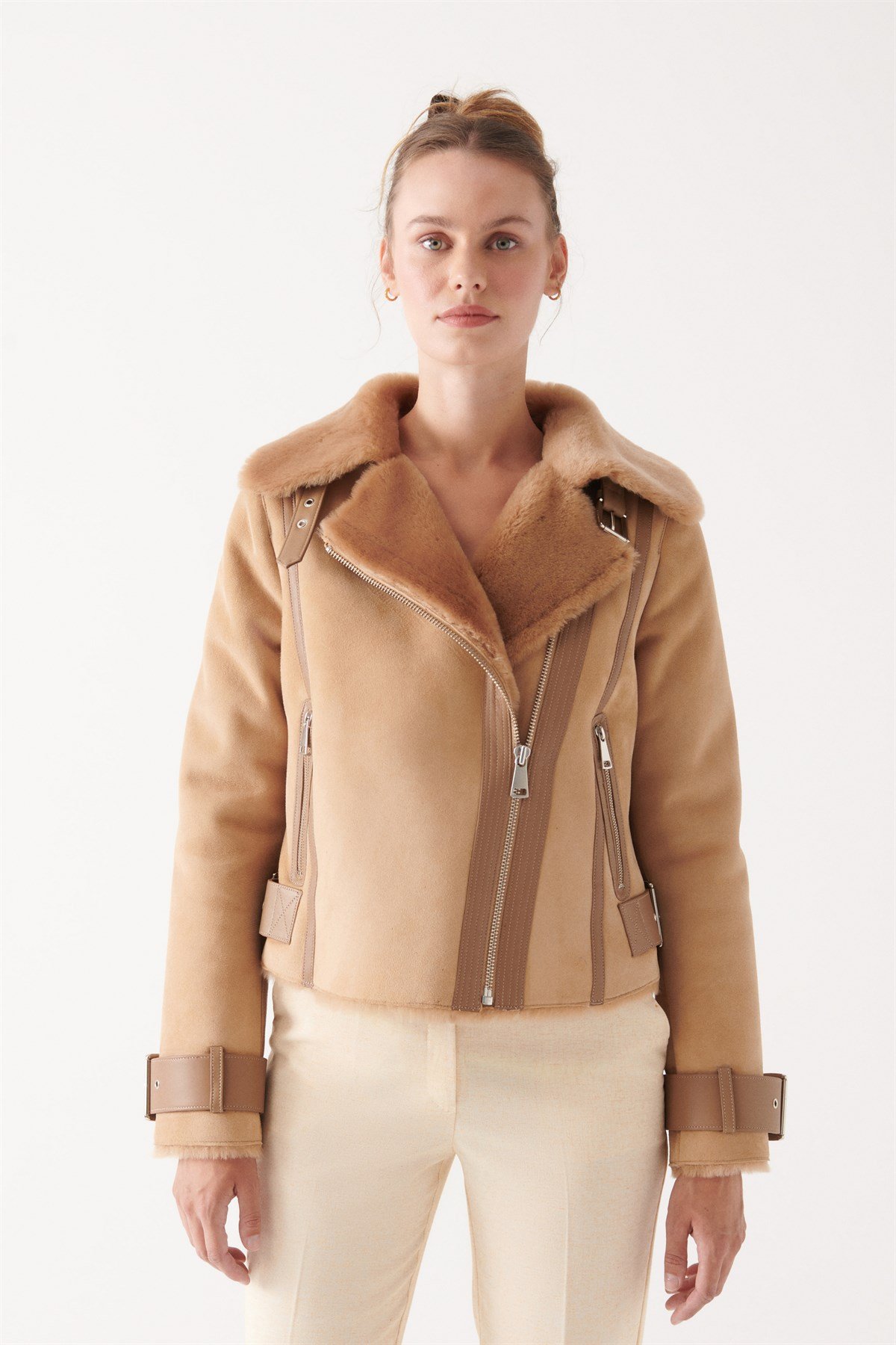 PAMELA Women Camel Shearling Jacket | Women Leather and Shearling Jacket &  Coat