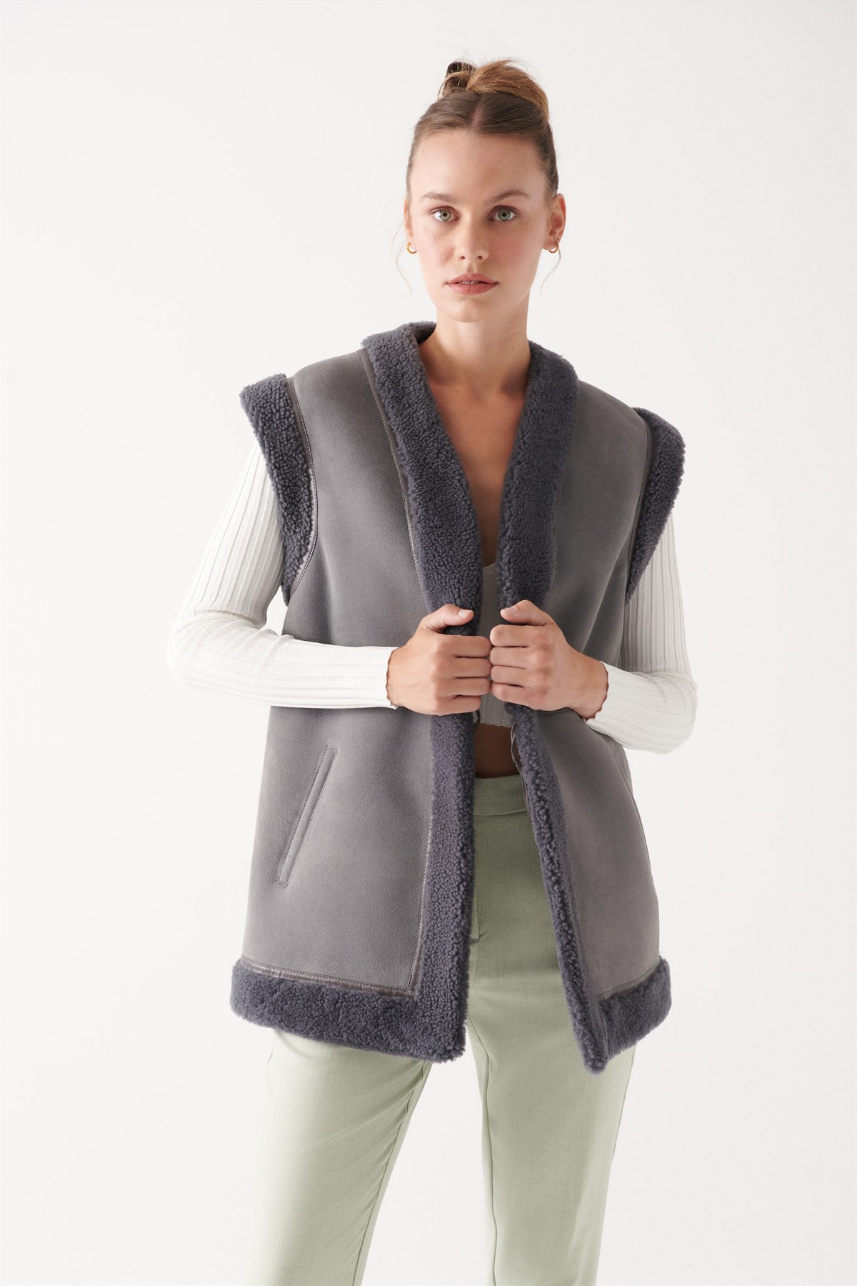 PEM Women Grey Shearling Vest | Women Leather and Shearling Jacket & Coat