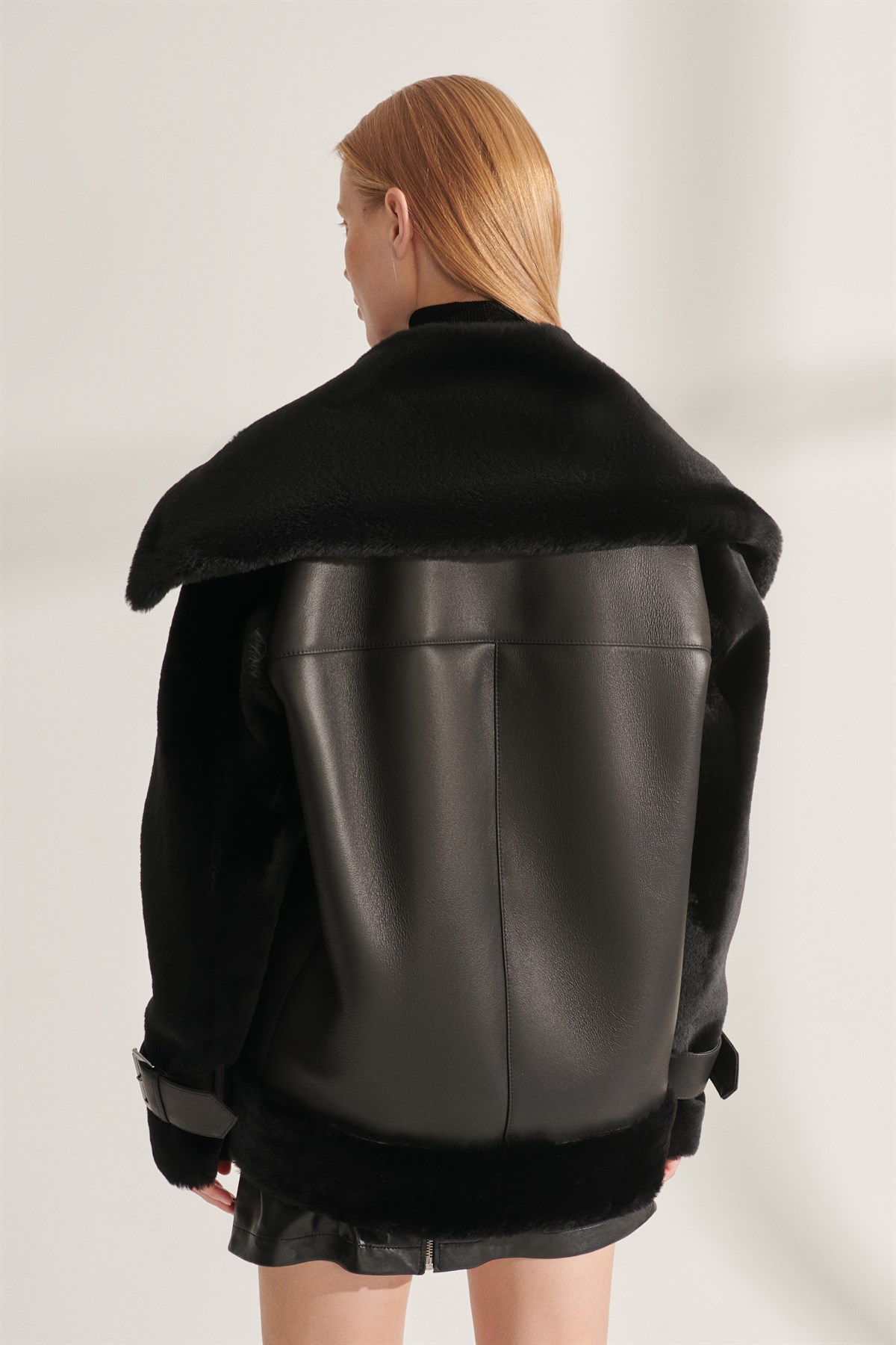 ISABELLA Kadın Siyah Oversize Kürklü Deri Ceket | Kadın Kürklü Deri Ceket  Modelleri