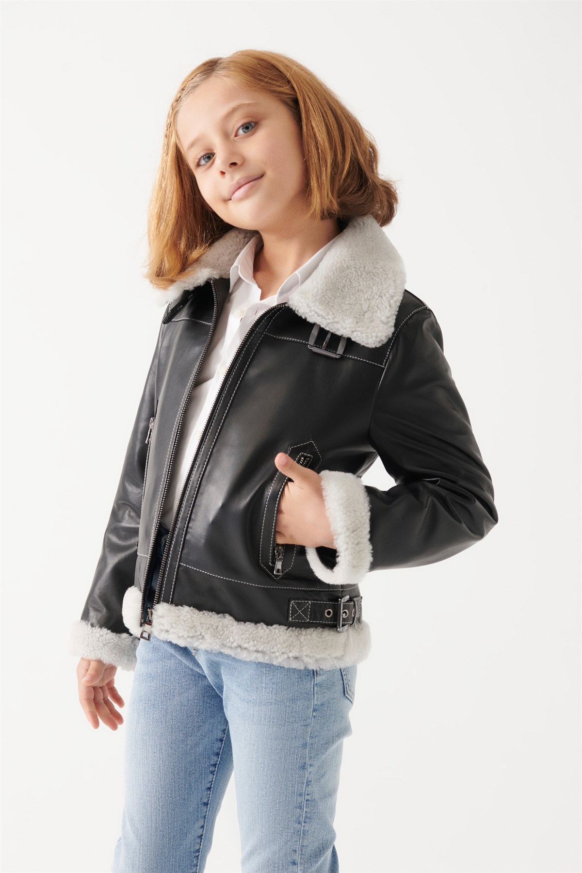 CHARLY Girls Black Leather Jacket | Girls Leather and Shearling Jacket ...