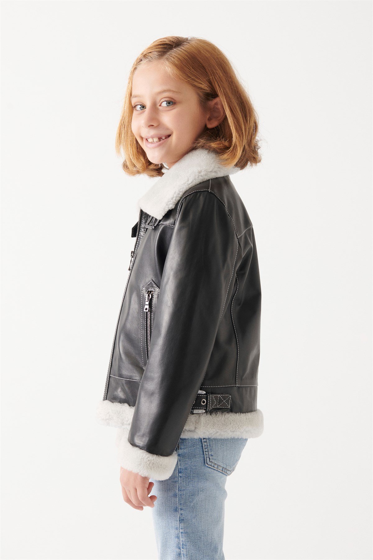 CHARLY Girls Black Leather Jacket | Girls Leather and Shearling Jacket ...