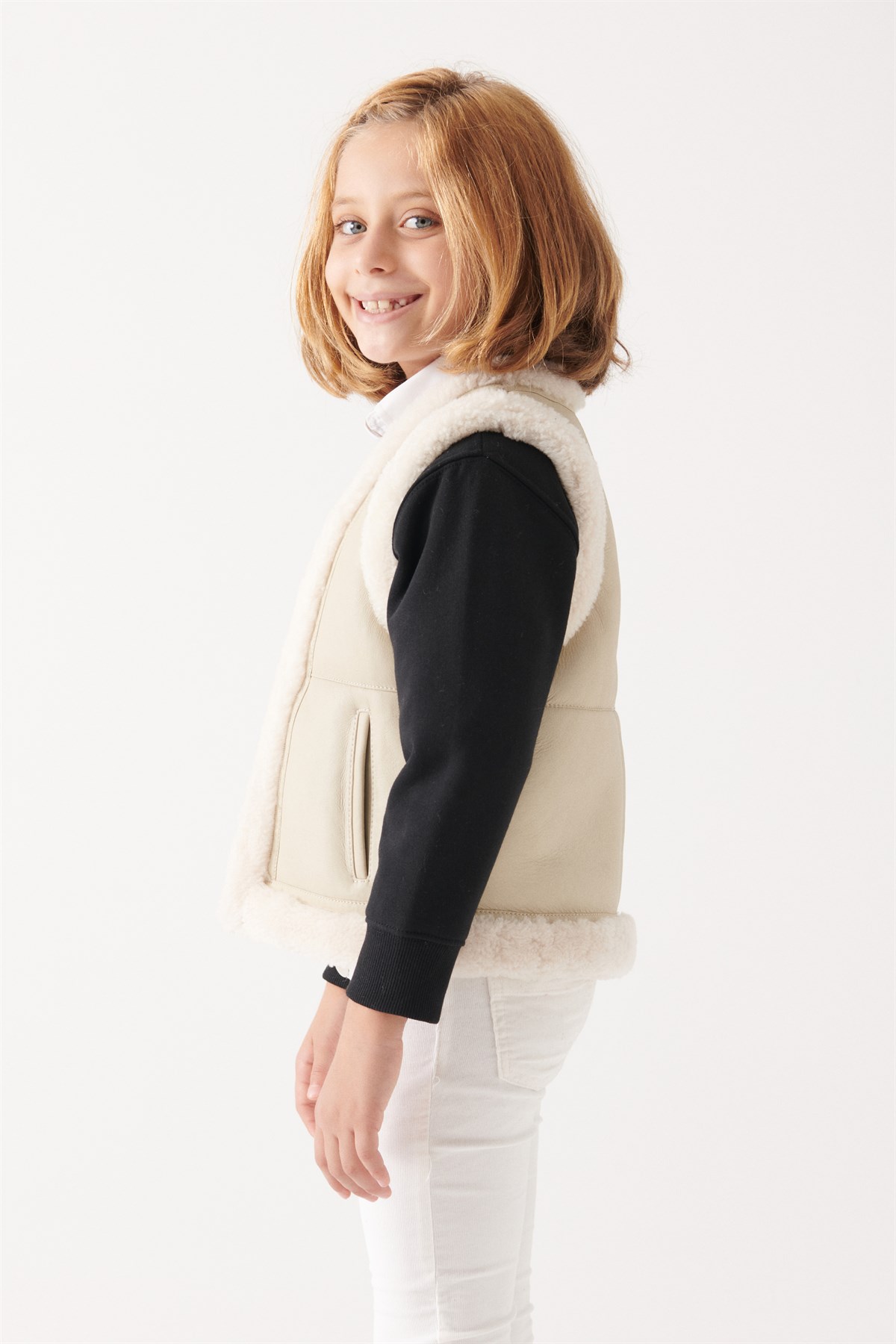 MARY Girls Beige Shearling Vest | Girls Leather and Shearling Jacket & Coat