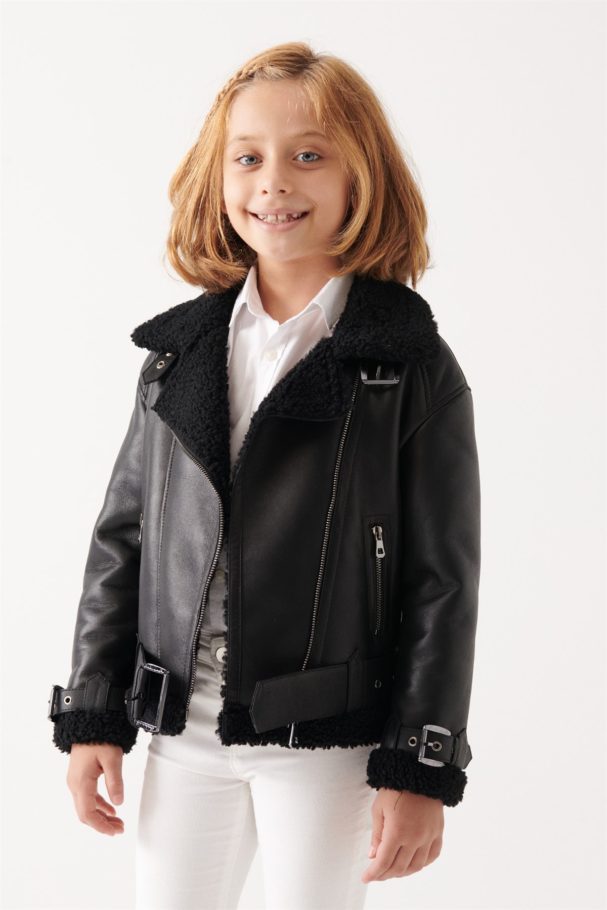 MASHA Kız Çocuk Siyah Kürklü Deri Ceket | Kız Çocuk Deri Ceket Modelleri