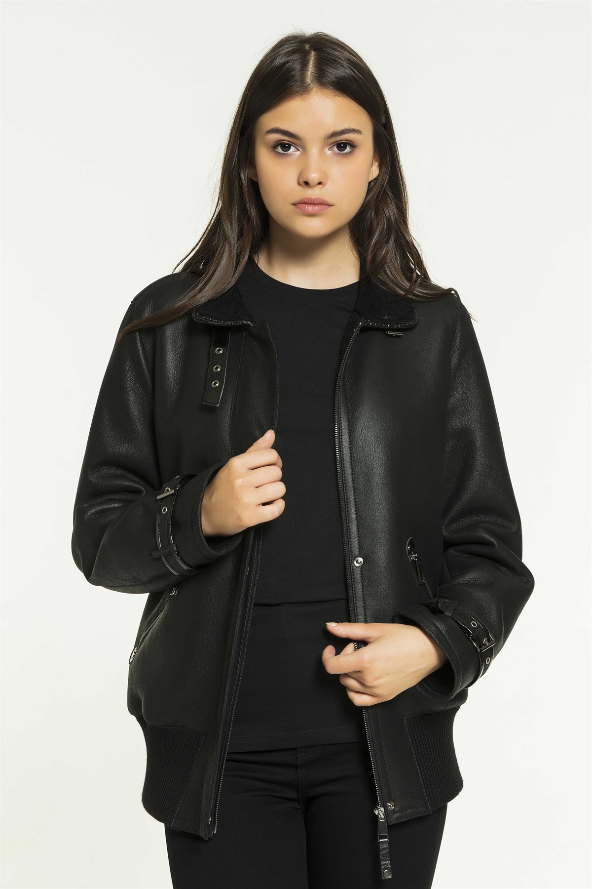 DOLLY Women College Black Shearling Jacket | Women's Shearling Jacket