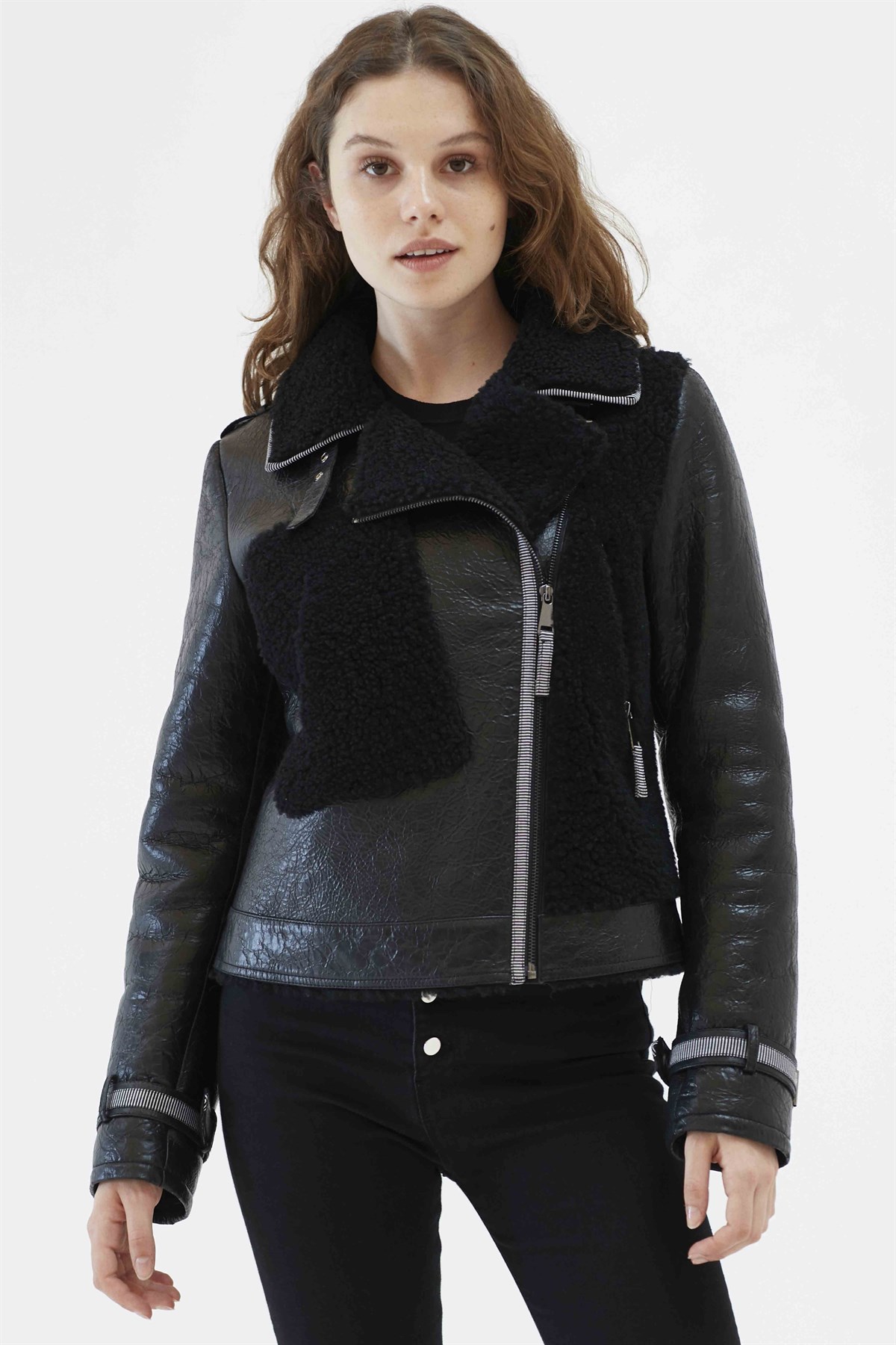 PERLA Women Biker Black Shearling Jacket | Women's Shearling Jacket