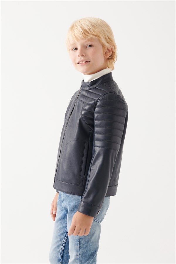 FRED Boys Navy Blue Leather Jacket | Boys Leather and Shearling Jacket ...