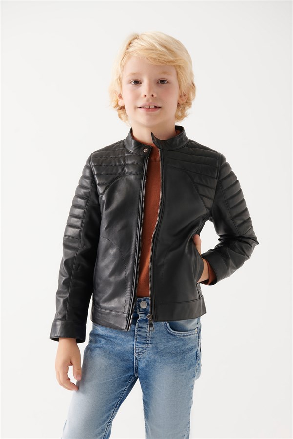 FRED Boys Black Leather Jacket Boys Leather and Shearling Jacket & Coat