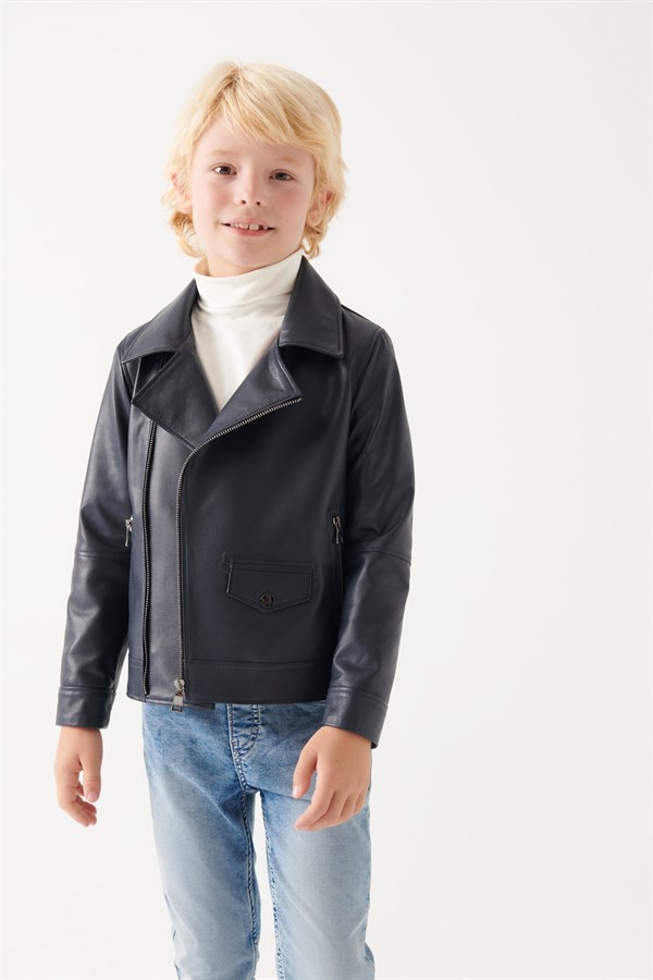 HUGO Boys Navy Blue Leather Jacket | Boys Leather and Shearling Jacket ...