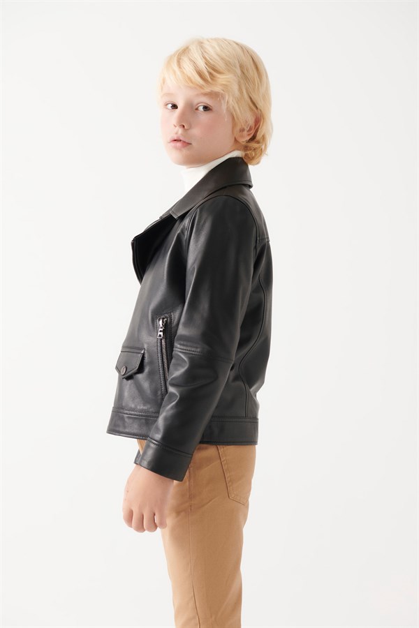 HUGO Boys Black Leather Jacket | Boys Leather and Shearling Jacket & Coat