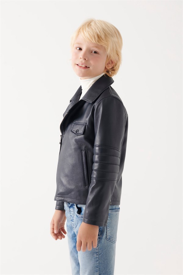 JONNY Boys Navy Blue Leather Jacket | Boys Leather and Shearling Jacket ...