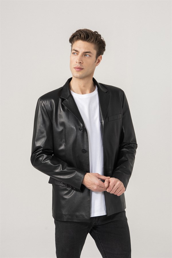 Derek Men Classic Black Leather Blazer Jacket Black Noble | Luxury ...