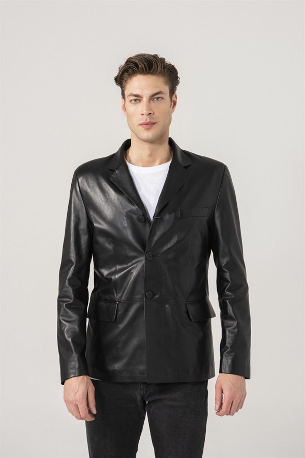 Derek Men Classic Black Leather Blazer Jacket Black Noble | Luxury Shearling