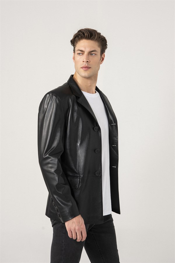 Derek Men Classic Black Leather Blazer Jacket Black Noble | Luxury ...