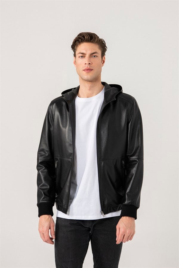 MEN'S LEATHER JACKETOscar Men Sports Black Hooded Leather Jacket