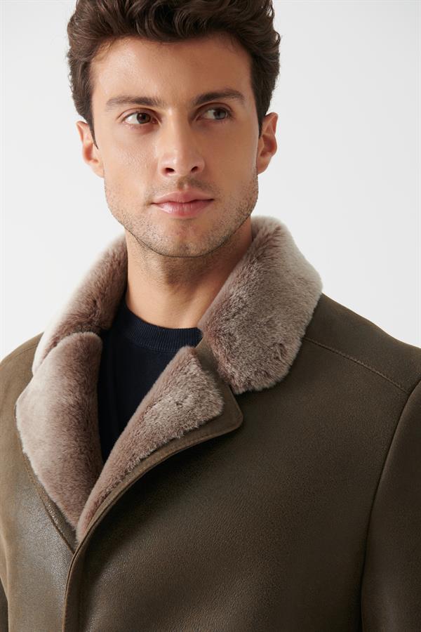 ERIC Men's Khaki Shearling Leather Coat | Men's Shearling Leather Coat ...