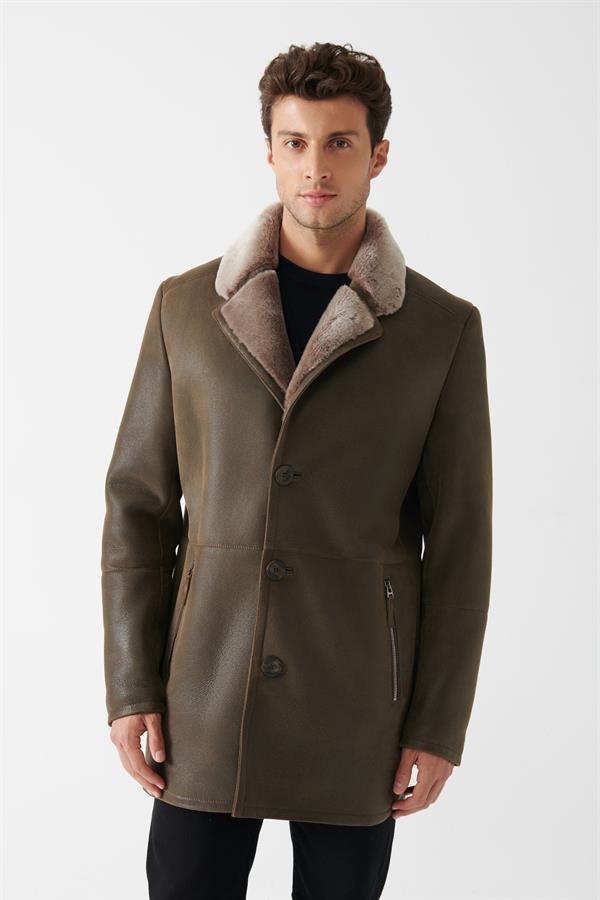 ERIC Men's Khaki Shearling Leather Coat | Men's Shearling Leather Coat ...