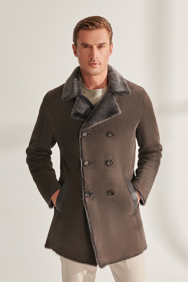 CLARK Men's Gray Shearling Leather Coat | Men's Shearling Leather Coat ...