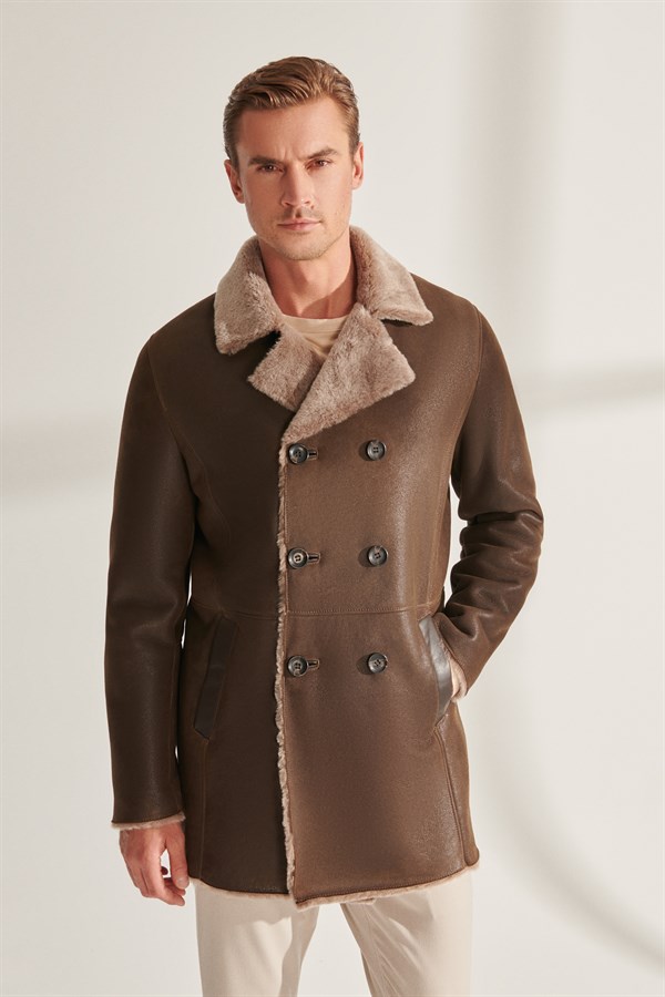 MEN'S COATCLARK Men Khaki Shearling Leather Coat
