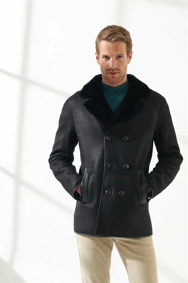 JEFF Men Casual Navy Blue Shearling Coat Black Noble | Luxury Shearling