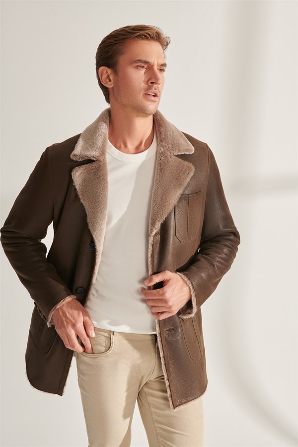 KELVIN Men's Khaki Shearling Leather Coat | Men's Shearling Leather ...
