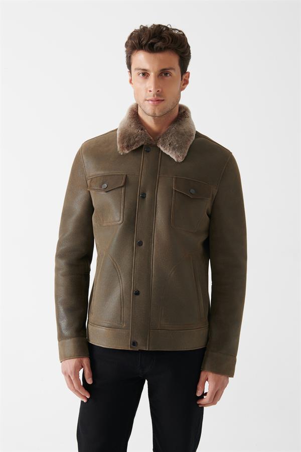 ARMANDO Men's Khaki Shearling Leather Jacket | Men's Shearling Leather ...