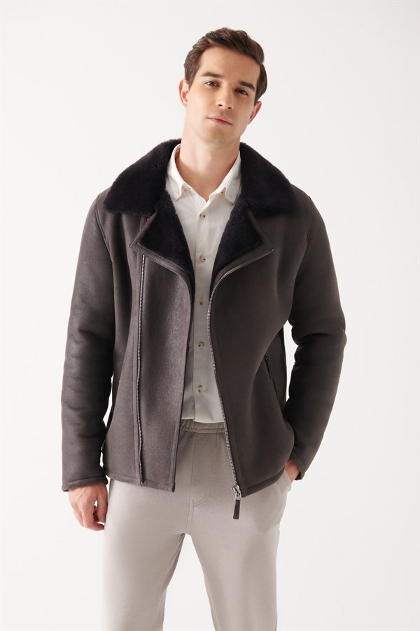 LUCAS Men Grey Shearling Jacket | Men Leather and Shearling Coat&Jacket