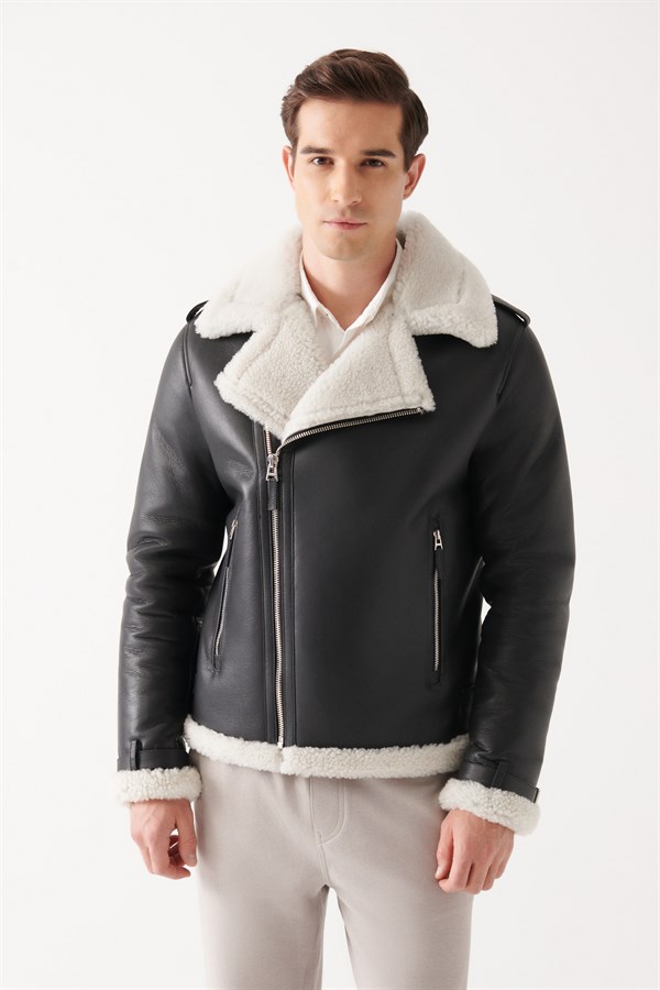 NICKY Men Black Shearling Jacket | Men Leather and Shearling Coat&Jacket