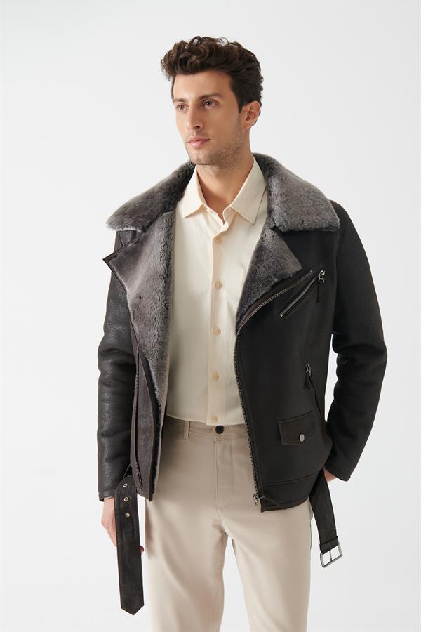 TIMOTHY Men's Brown Brissa Shearling Leather Jacket | Men's Shearling ...