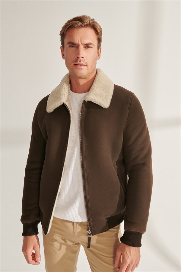 ALBERT Men's Khaki Sport Shearling Leather Jacket | Men's Fur Leather ...