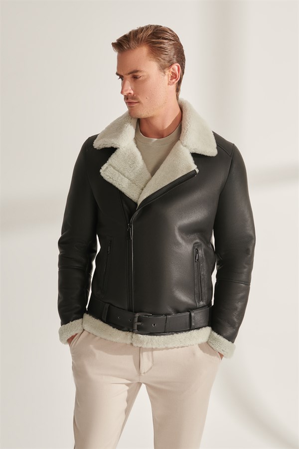 CURTIS Men's Black Biker Shearling Leather Jacket | Men's Fur Leather ...