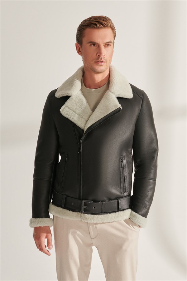 CURTIS Men's Black Biker Shearling Leather Jacket | Men's Fur Leather ...
