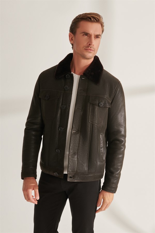 DIEGO Men's Brown Shearling Leather Jacket | Men's Fur Leather Jacket ...