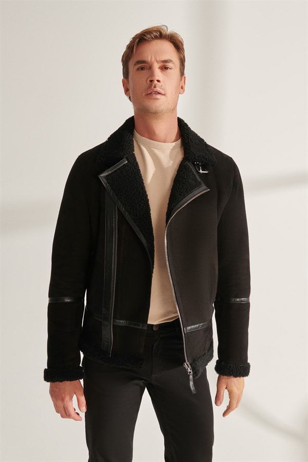 WOLF Men's Black Sport Shearling Leather Jacket | Men's Fur Leather ...
