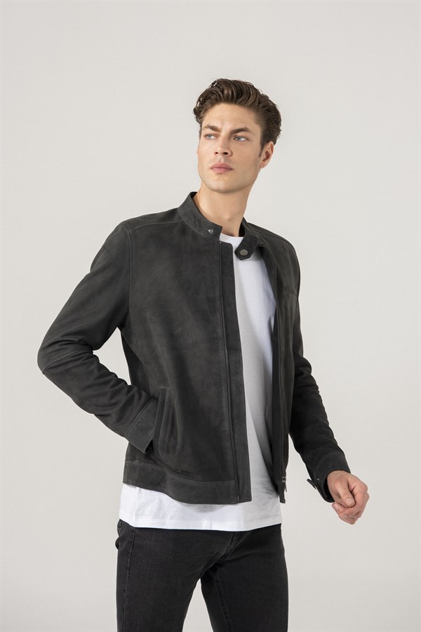 Christian Men Sports Anthracite Suede Jacket Black Noble | Luxury Shearling