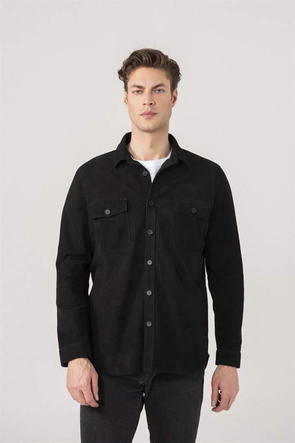 Dustin Men Black Suede Shirt Jacket Black Noble | Luxury Shearling