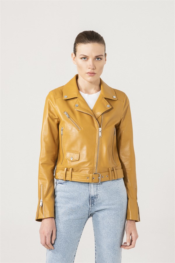 Cindy Women Biker Yellow Leather Jacket | Women's Leather Jacket