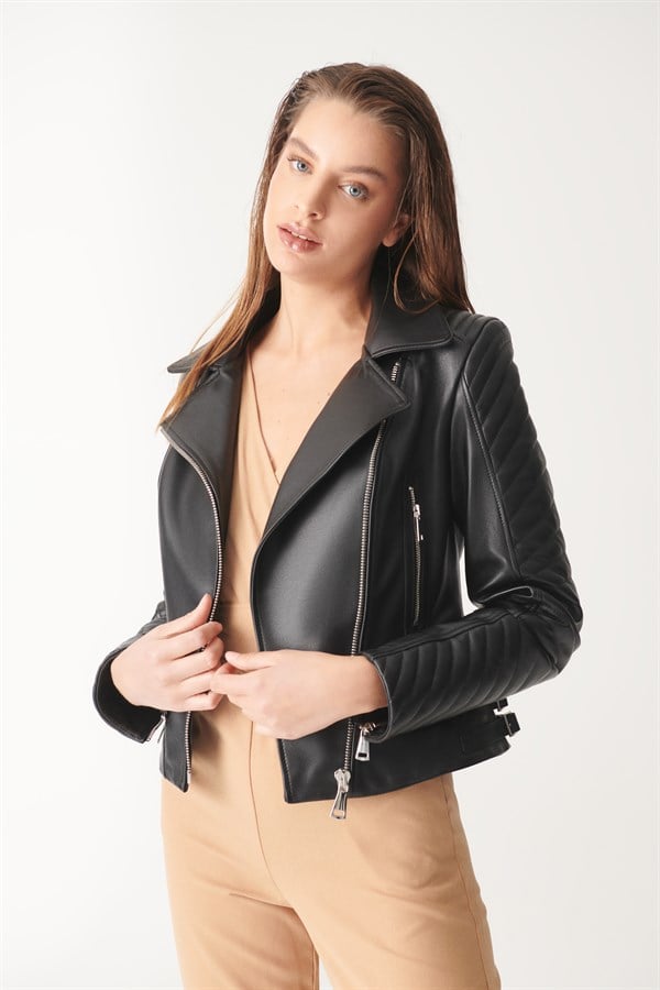 EVA Black Blackout Leather Jacket | Women's Leather Jacket Models